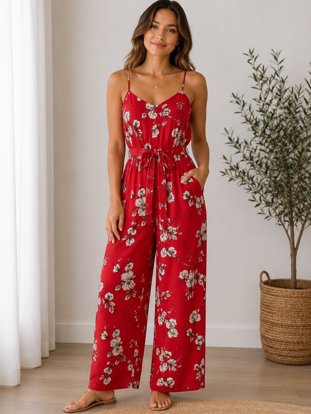 Skies Are Blue Red Floral Smocked Jumpsuit XS Tie Waist Wide Leg